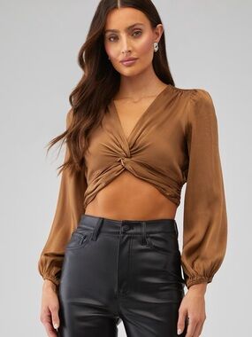 Twist-Front Long Sleeve Crop Top in Brown